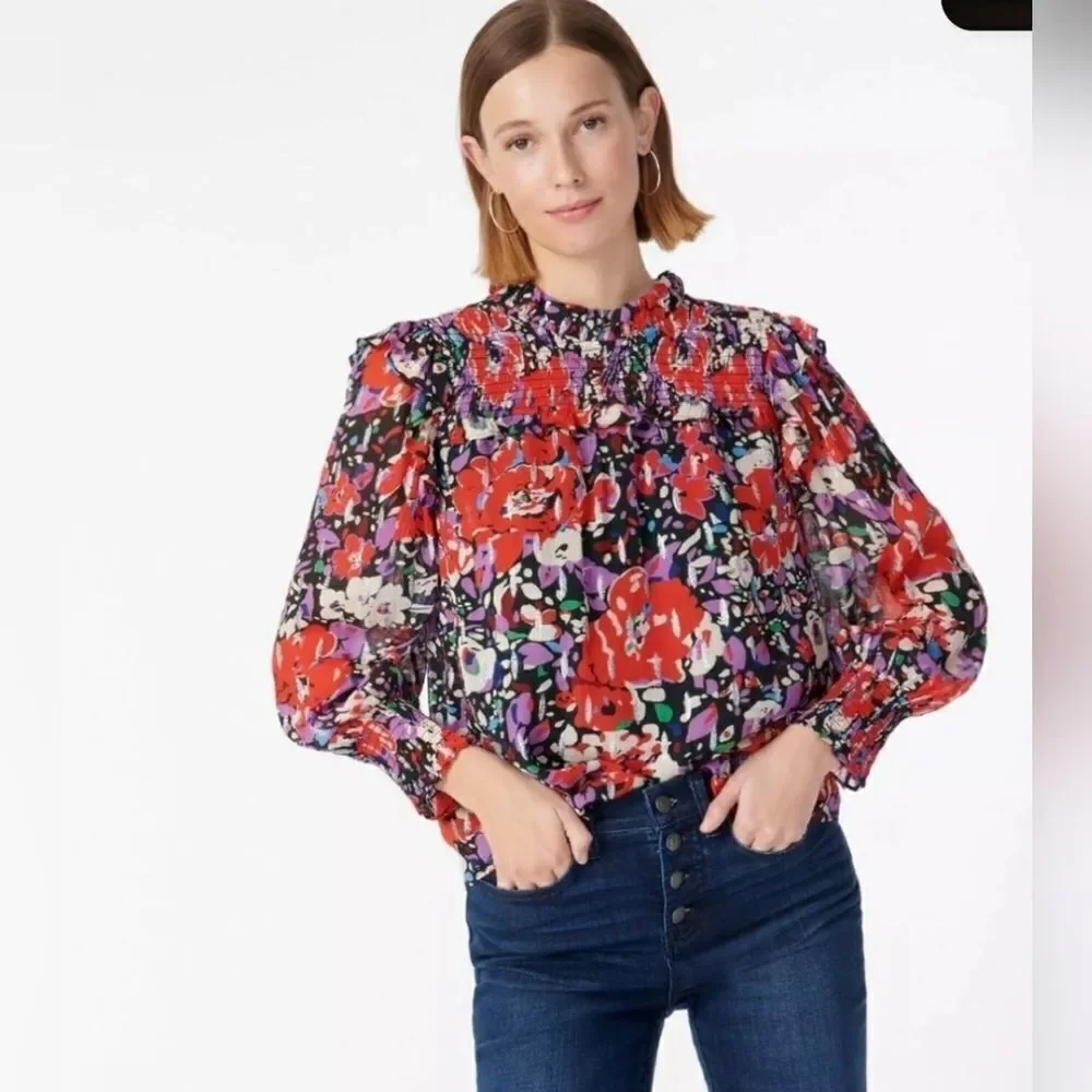 J CREW Smocked Popover‎ Top in Lurex Dot Floral Print - Size Medium